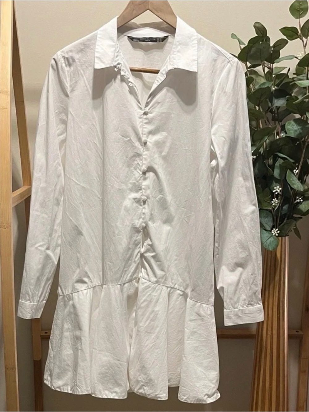NWOT Zara White Long-Sleeve Button Shirt Dress